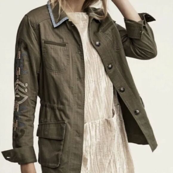 EUC Anthropologie Hei Hei Beaded Embroidered Olive Green Utility Jacket Sz SMALL - Picture 5 of 9